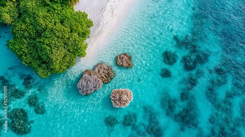 Stunning aerial view of coral reef patterns showcasing vibrant marine biodiversity in turquoise waters, Created with Generative AI. photo