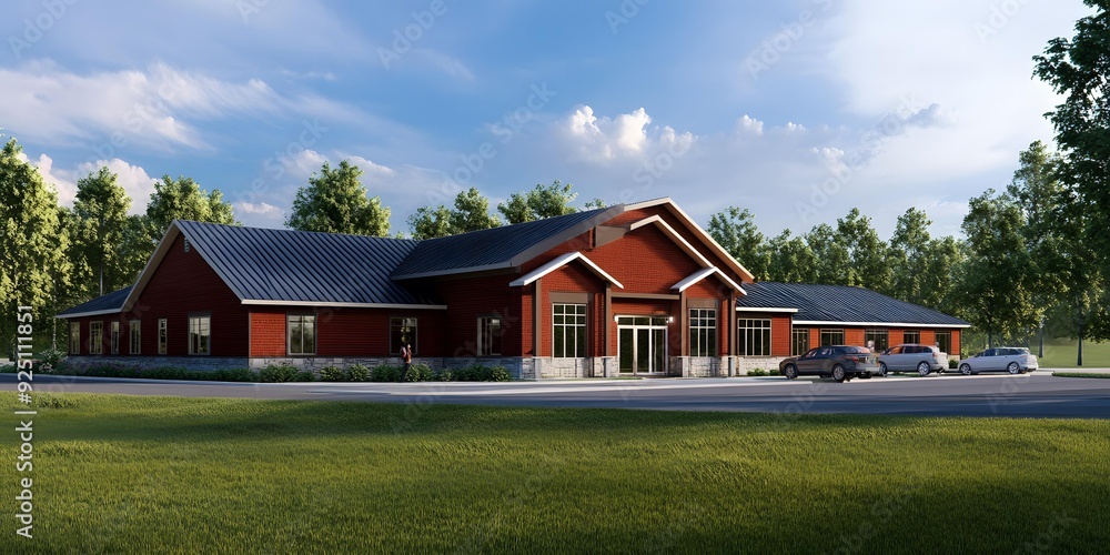 Obraz premium Modern Brick Building with Green Grass and a Blue Sky