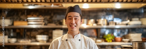 A cheerful chef in a white hat and uniform stands smiling in a professional kitchen, showcasing culinary skills and the joy of cooking.