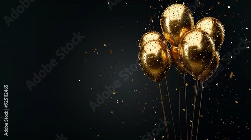 Minimalist style  gold balloons and confetti on black glass background, space for congratulations banner