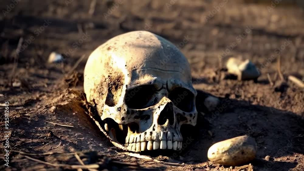 Skull Partially Buried in Dirt, with a Slight Dusting of Soil