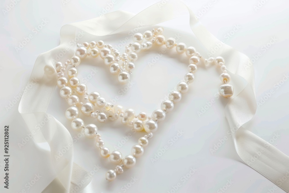 An elegant heart-shaped design featuring intertwined strands of pearls and satin ribbon, set against a clean white background. Perfect for romantic occasions or luxury branding. An elegant heart-shaped design featuring intertwined strands of pearls and satin ribbon, set against a clean white background. Perfect for romantic occasions or luxury branding.