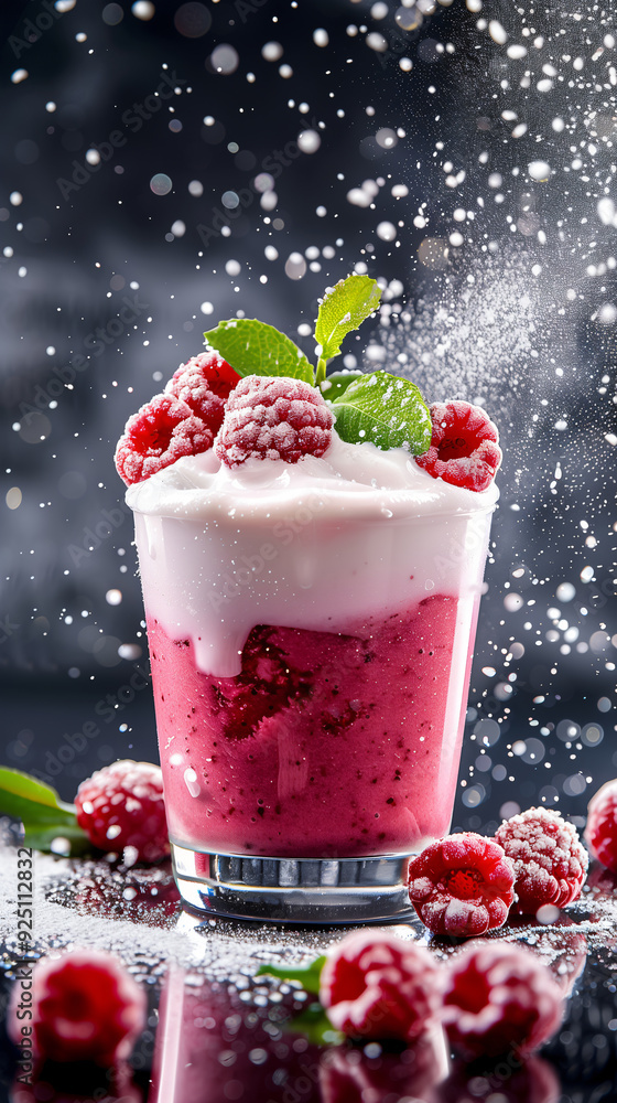 Raspberry smoothie topped with whipped cream, fresh mint and raspberries being sprinkled with powdered sugar Raspberry smoothie topped with whipped cream, fresh mint and raspberries being sprinkled with powdered sugar