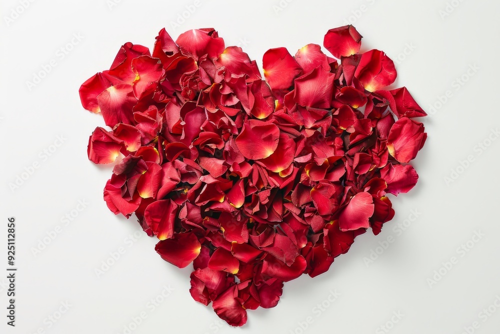 A heart made of red rose petals on a white background Valentine's Day, February 14 A heart made of red rose petals on a white background Valentine's Day, February 14
