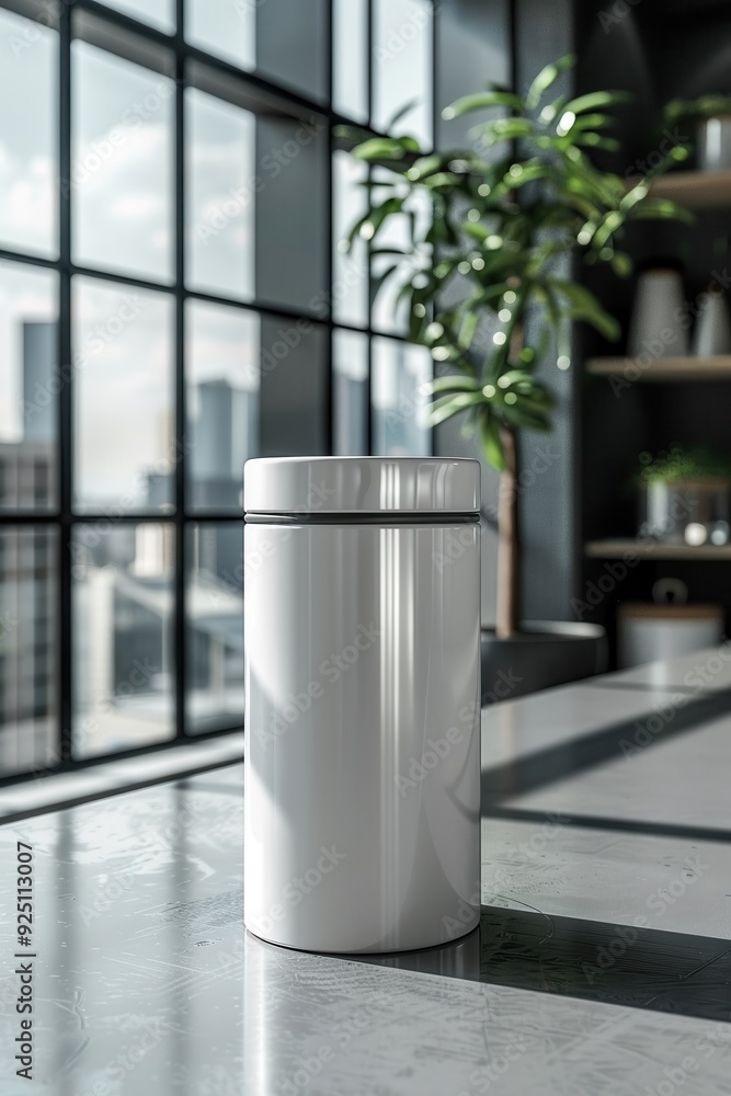 Modern Minimalist Kitchen with Large Windows and Potted Plant, Featuring a Sleek White Container on a Polished Countertop Modern Minimalist Kitchen with Large Windows and Potted Plant, Featuring a Sleek White Container on a Polished Countertop