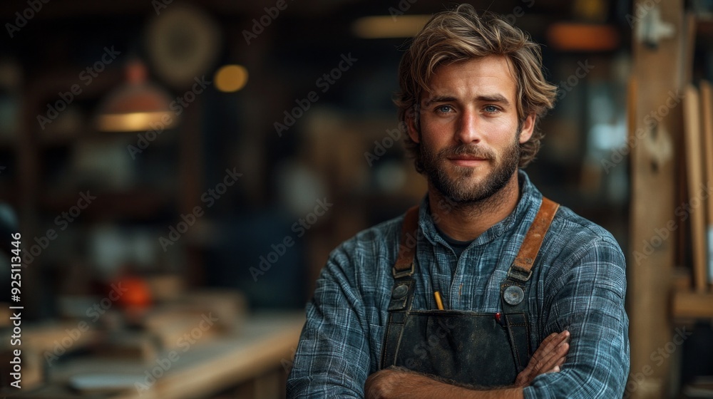 A skilled artisan poses with a relaxed demeanor in a woodshop filled with tools, illuminated by warm, inviting natural light A skilled artisan poses with a relaxed demeanor in a woodshop filled with tools, illuminated by warm, inviting natural light