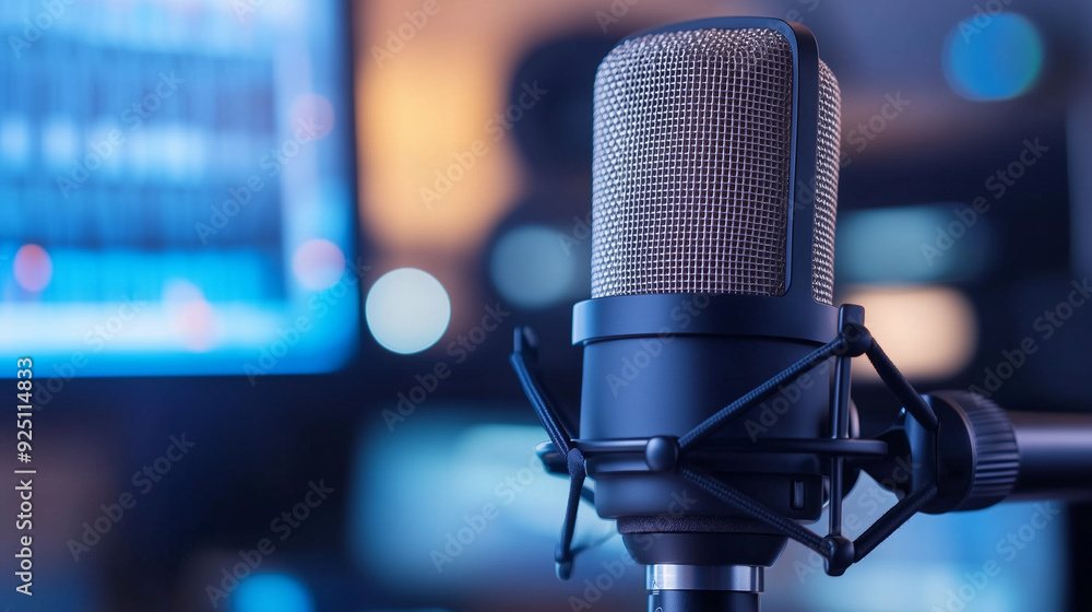 Close-up of microphone in recording studio with computer screen bokeh background, concept for podcasting or music recording Close-up of microphone in recording studio with computer screen bokeh background, concept for podcasting or music recording