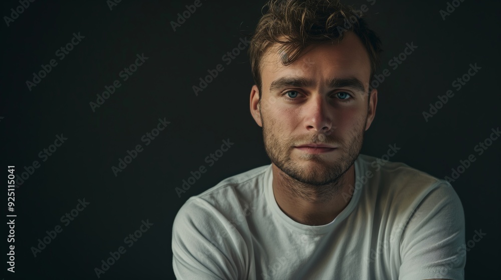 A young man in casual attire sits pensively against a dark backdrop, highlighting his contemplative nature and introspective mood. A young man in casual attire sits pensively against a dark backdrop, highlighting his contemplative nature and introspective mood.