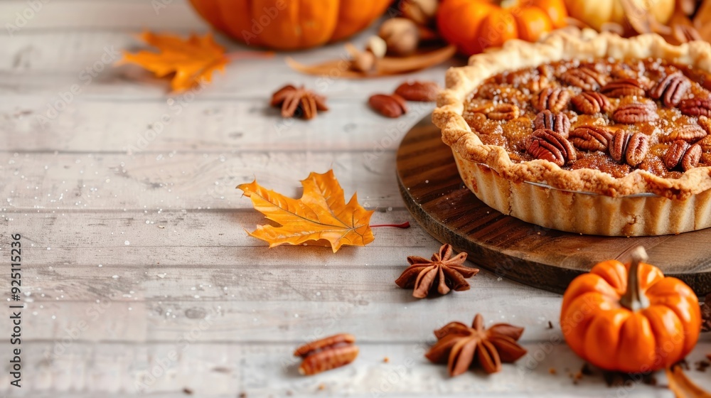 Fototapeta premium Rustic Autumn Pumpkin Pie with Pecans and Decorative Pumpkins on Wooden Table Surrounded by Fall Leaves and Spices