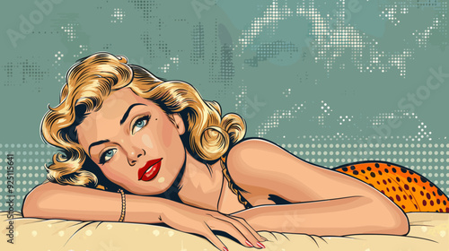 retro style pop art and vintage advertising. Sexy blonde woman.