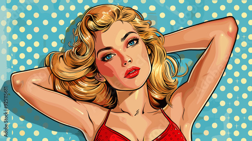 Sexy blonde woman in red swimsuit. Pop art retro vector illustration