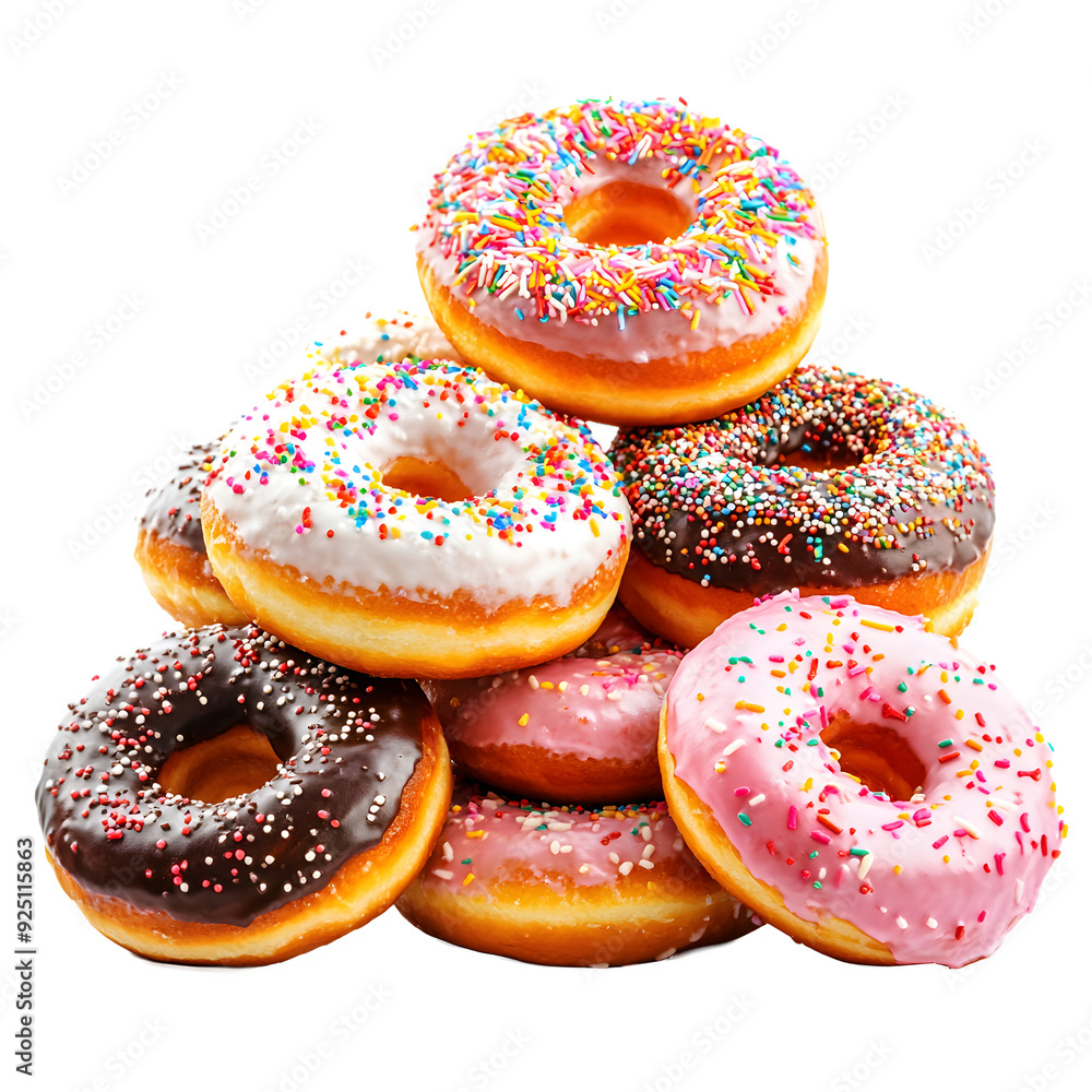 Pile of Donuts with Different Color Frosting and Sprinkles, Transparent Background Pile of Donuts with Different Color Frosting and Sprinkles, Transparent Background