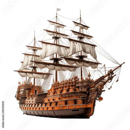 A majestic old wooden sailing ship with white sails set against a green background.