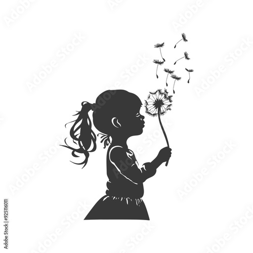 Silhouette of Girl Blowing Dandelion Seeds: Childhood Wishes