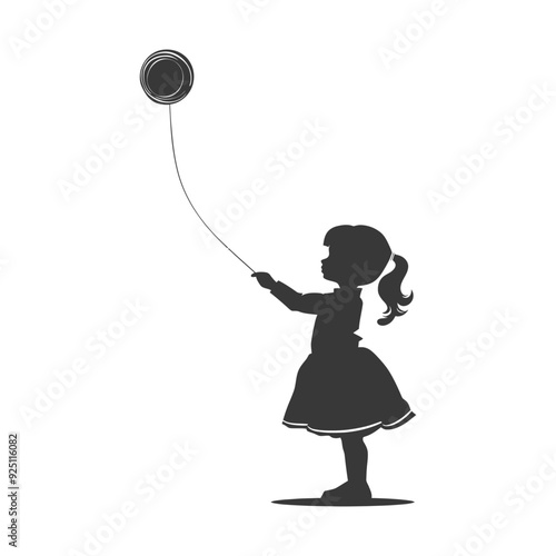 Silhouette of Girl with Tethered Orb Balloon, Minimalist Child's Play Illustration