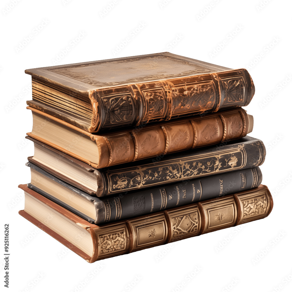 Stack of five antique leather bound books on green background. Stack of five antique leather bound books on green background.