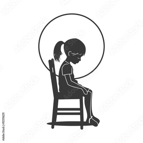 Silhouette of Sad Girl Sitting in Chair, Moon Halo Background