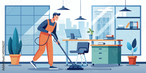 Cleaning service. A male cleaner in uniform vacuums the floor in an office space. Vector illustration
