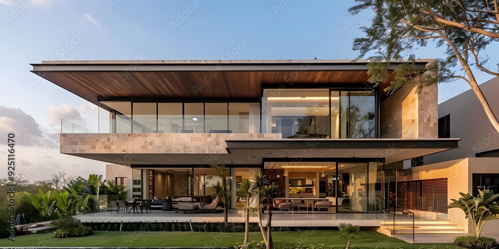 Modern Architecture Luxury Home With Wooden Roof And Large Windows Modern Architecture Luxury Home With Wooden Roof And Large Windows