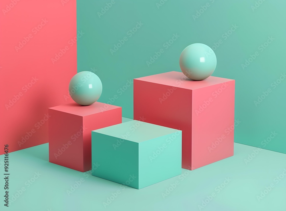 Abstract Background With Green and Pink Cubes and Spheres Abstract Background With Green and Pink Cubes and Spheres