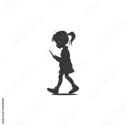 Silhouette of Girl Walking and Using Smartphone, Minimalist Design