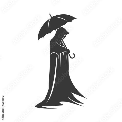 Silhouette of Hooded Figure with Umbrella, Mysterious Cloak, Monochrome Illustration