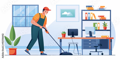 Cleaning service. A male cleaner in uniform vacuums the floor in an office space. Vector illustration
