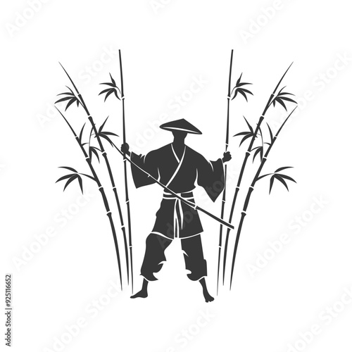 Silhouette of a Monk with Staff Amidst Bamboo Grove