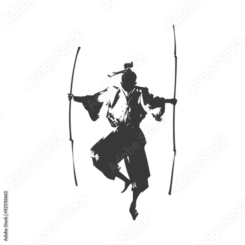 Silhouette of a Samurai in mid-air, wielding long staves, dynamic ink-wash style