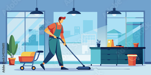 Cleaning service. A male cleaner in uniform vacuums the floor in an office space. Vector illustration
