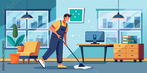 Cleaning service. A male cleaner in uniform vacuums the floor in an office space. Vector illustration
