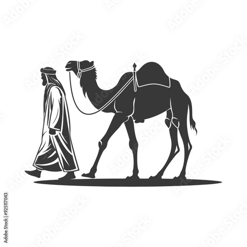 Monochromatic Silhouette: Bedouin and Camel in Desert Landscape