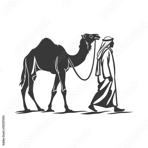 Monochromatic Illustration: Bedouin Man Leading Dromedary Camel