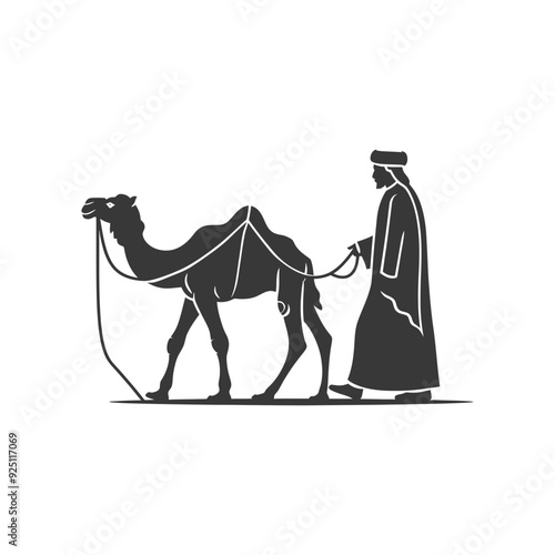 Silhouette of Bedouin Man Leading Camel Across Desert Sands
