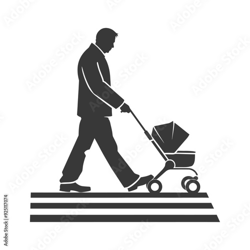 Stylish Father Pushing Stroller Up Ramp, Monochrome Icon