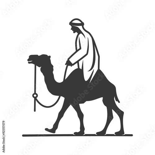 Monochrome Silhouette: Bedouin Riding a Dromedary Camel Across the Desert