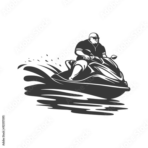 Monochromatic Illustration: Bald Man Speeding on Jet Ski
