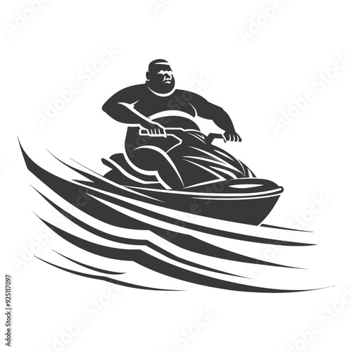 Overweight Man on Jet Ski, Monochromatic Vector Illustration