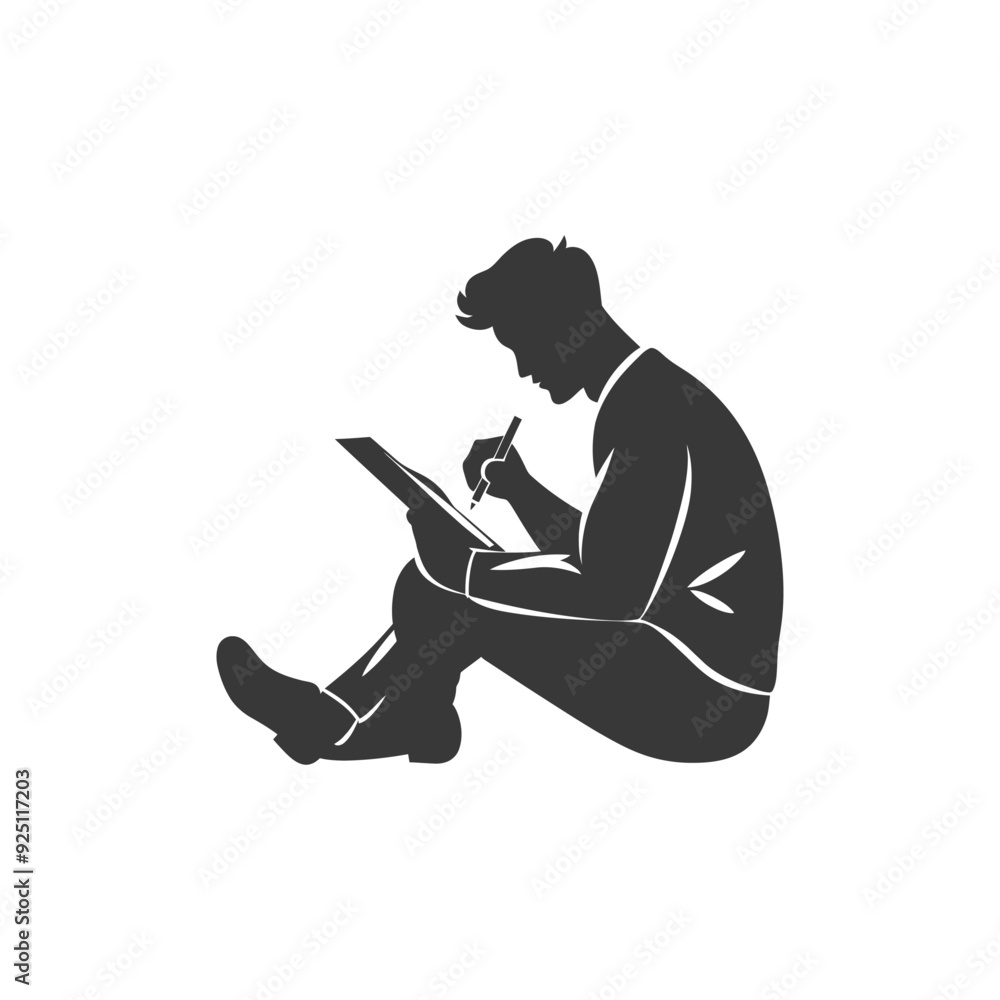 Silhouette of Man Seated, Sketching on Clipboard