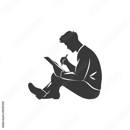 Obraz na płótnie Silhouette of Man Seated, Sketching on Clipboard w salonie