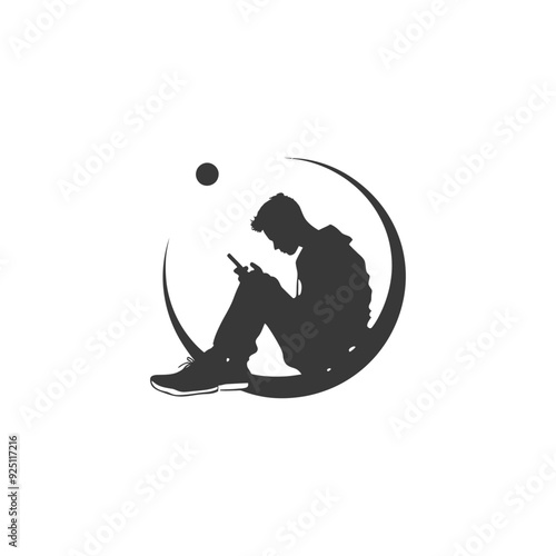 Silhouette of Youthful Person Immersed in Mobile Device within Abstract Lunar Orbit