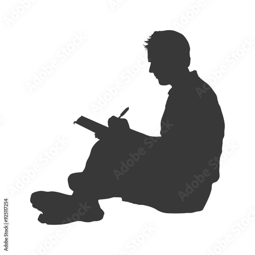Seated Silhouette: Man Sketching Notes in Casual Pose