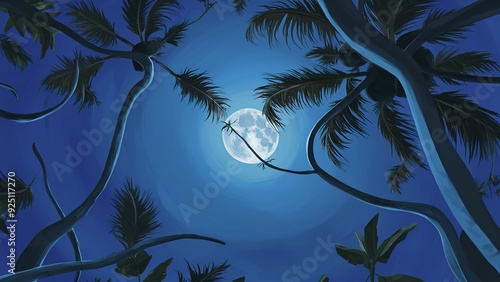 Blue night sky with coconut trees and moonlight, abstract nature background