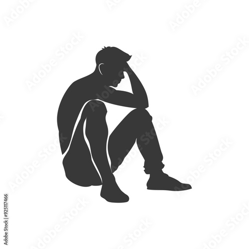 Silhouette of a Young Man Seated, Hand to Head, Contemplative Pose