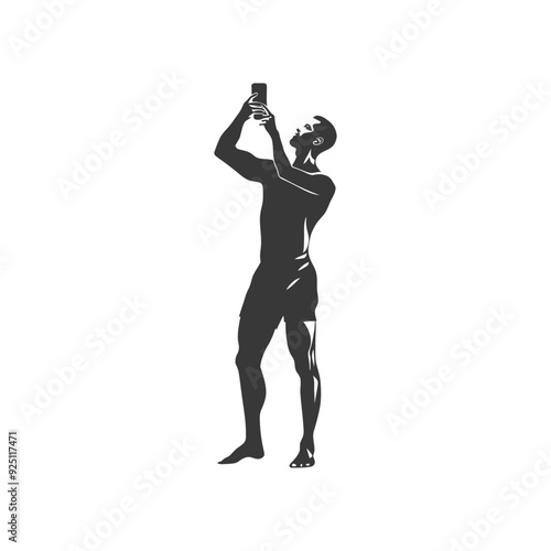 Silhouette of Muscular Man Taking Photo with Smartphone, Overhead View