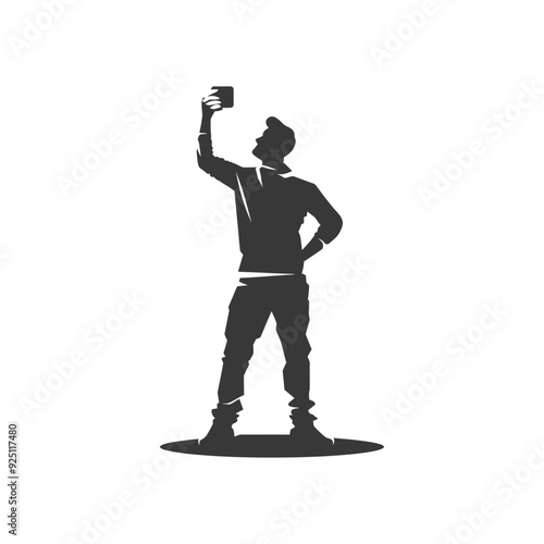 Monochromatic Silhouette of Man Taking Selfie, Casual Style