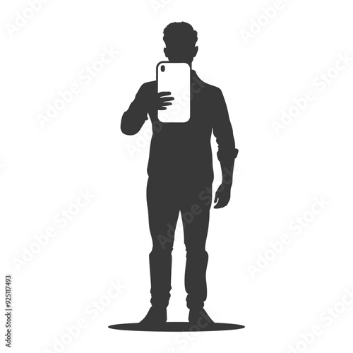 Silhouette of Man Taking a Selfie with Smartphone, Minimalist Vector Illustration