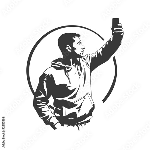 Monochrome Illustration: Man in Hoodie Taking Selfie within Circular Frame