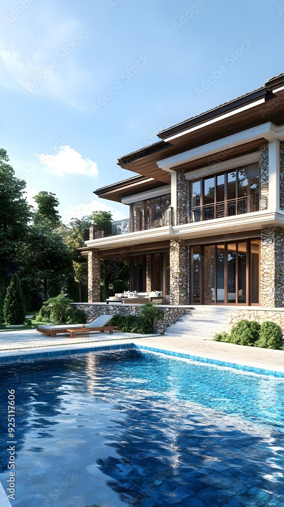 Fototapeta premium Luxury Modern Villa with Swimming Pool and Stone Exterior