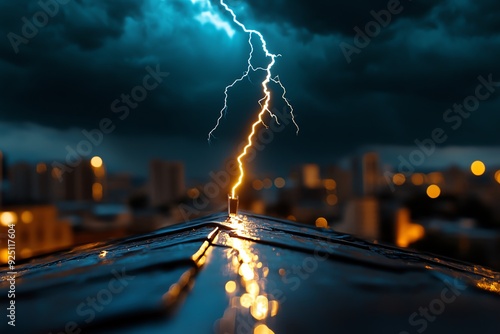 A single lightning bolt strikes a rooftop in the midst of a stormy night, illuminating the cityscape below. photo